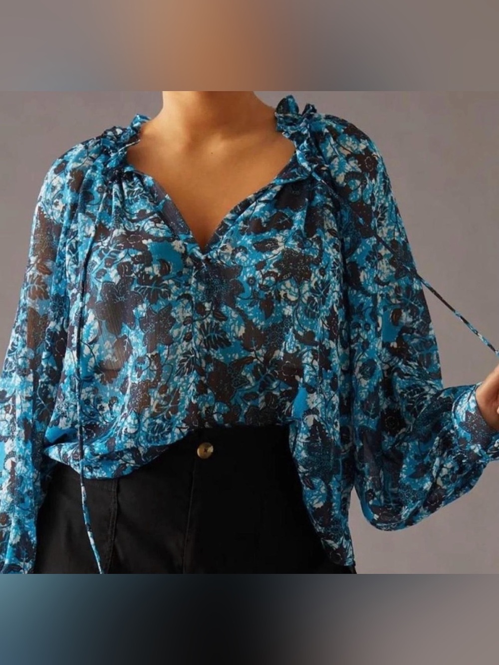 Anthropologie Sheer Printed Peasant Blue Floral Ruffle Blouse